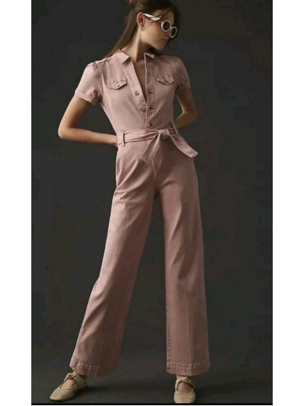 Paige Women’s Anessa Pink/Mauve Button Up Denim Jumpsuit Tie Belt Size 2 XS